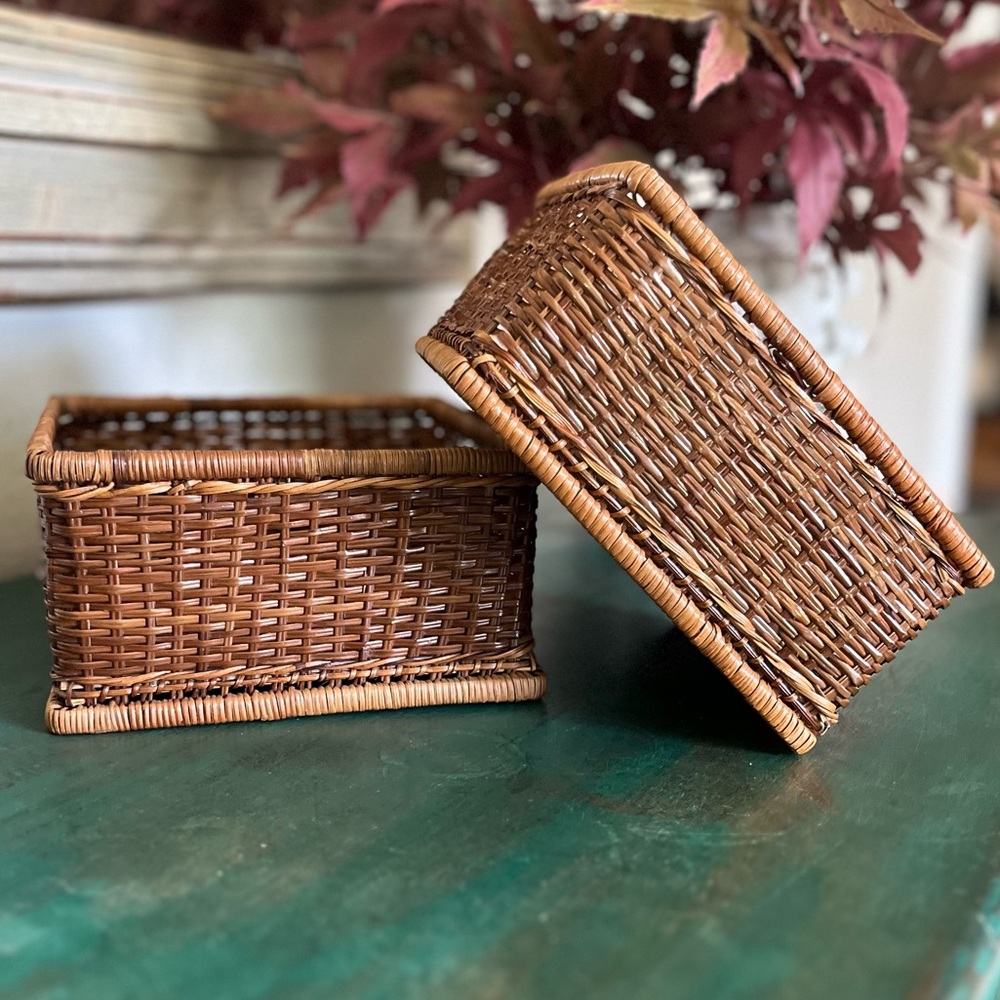 Set of 2 | Rattan Square Baskets | Vintage | Two Sizes